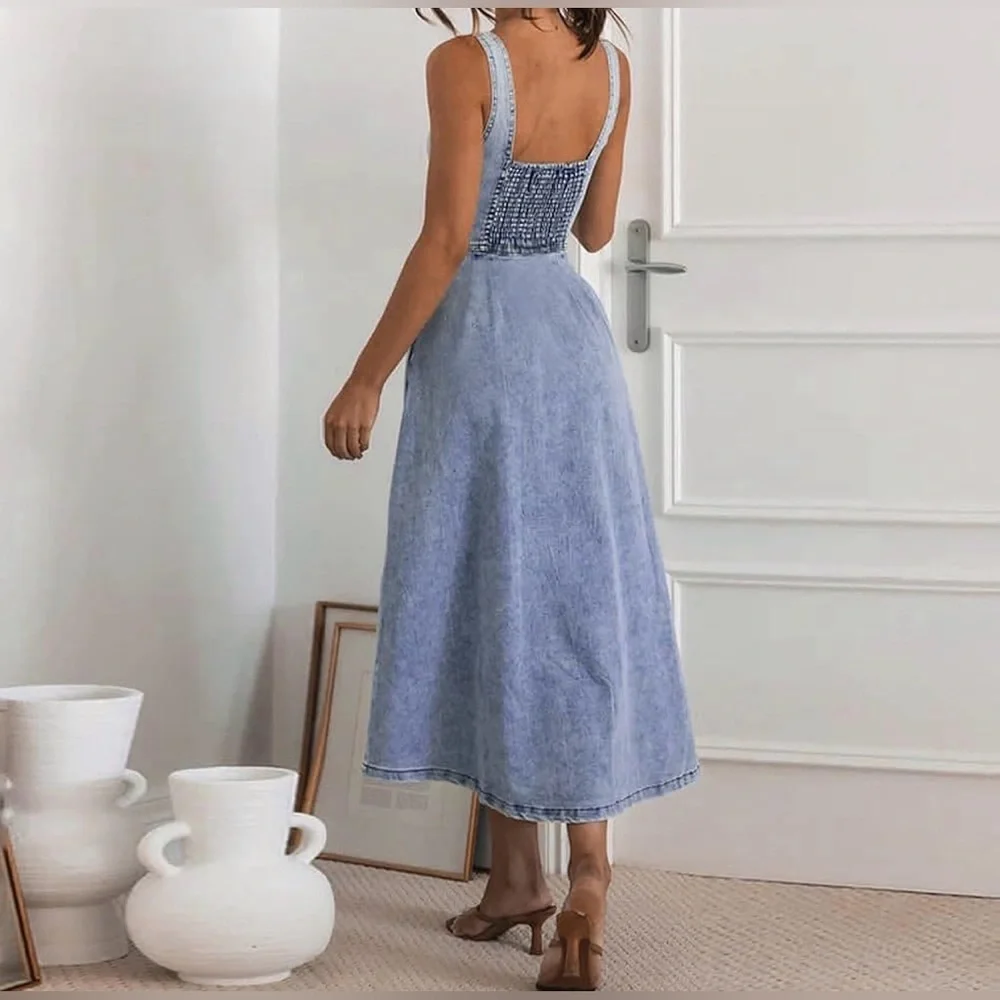 Light Denim Button Front Smocked Back Sleeveless Easter Dress with Pockets - Picture 2 of 3